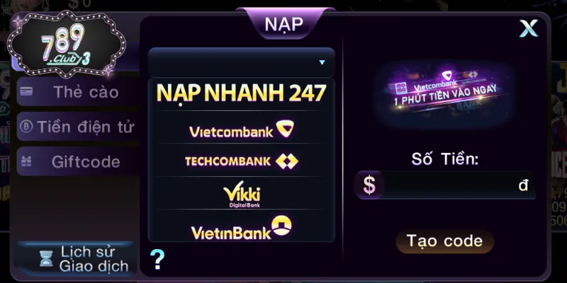 Chỉ dẫn nạp tiền 789CLUB qua ngân hàng nhanh gọn