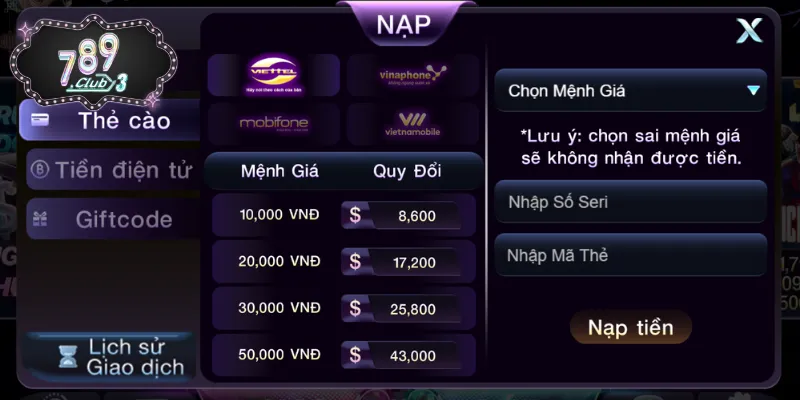 Nạp tiền 789CLUB bằng thẻ cào đơn giản và thuận tiện